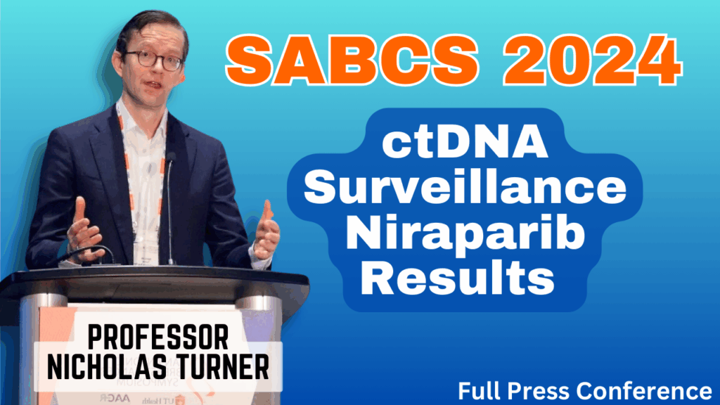 Professor Nicholas Turner at a podium discussing the ZEST trial results on ctDNA surveillance and Niraparib at the SABCS 2024. A hand holding a bar of Zest soap is shown next to the text "ctDNA Surveillance Niraparib Results.