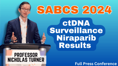 Professor Nicholas Turner at a podium discussing the ZEST trial results on ctDNA surveillance and Niraparib at the SABCS 2024. A hand holding a bar of Zest soap is shown next to the text "ctDNA Surveillance Niraparib Results.