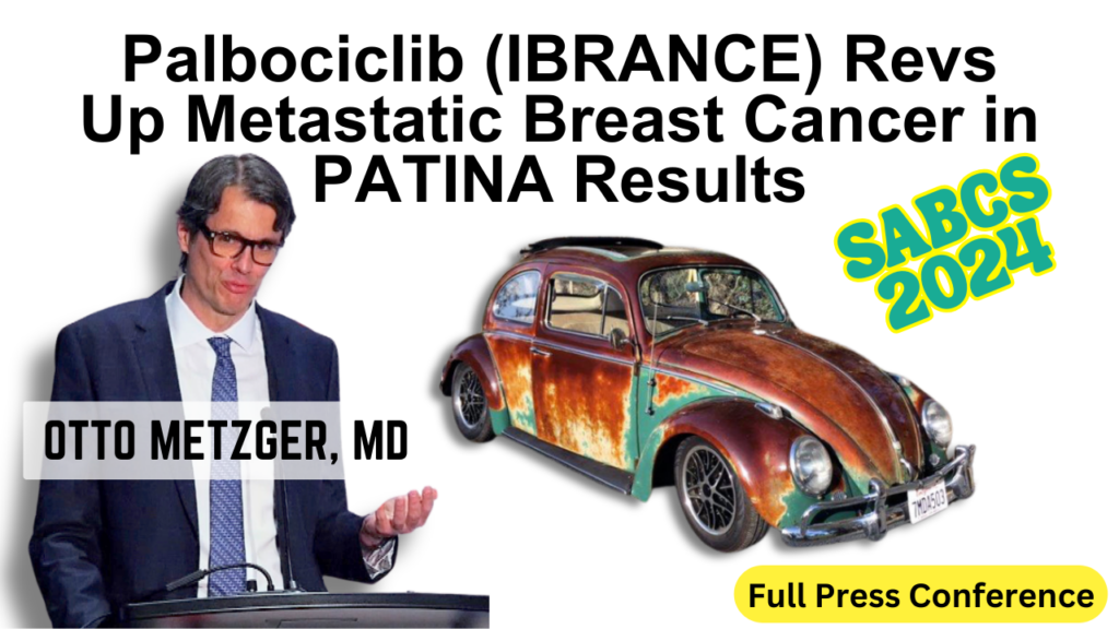 A promotional graphic for a medical conference in 2024, featuring the title "Palbociclib (IBRANCE) Revs Up Metastatic Breast Cancer in PATINA Results." The image includes a speaker identified as Otto Metzger, MD, standing at a podium, and an old, rusted car, symbolizing the battle against cancer. A badge indicates the event is part of the SABCS 2024.