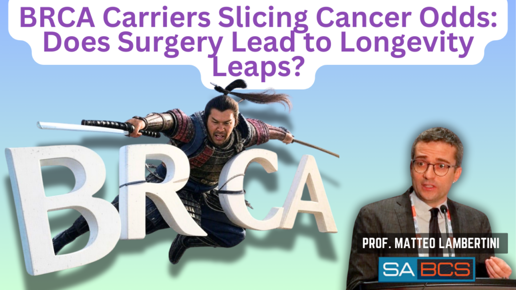 A promotional graphic featuring a samurai warrior in action, slicing through large letters spelling BRCA, symbolizing a fight against cancer. On the right, an image of a speaker at a conference, identified as Prof. Matteo Lambertini, presenting at the SABCS (San Antonio Breast Cancer Symposium).