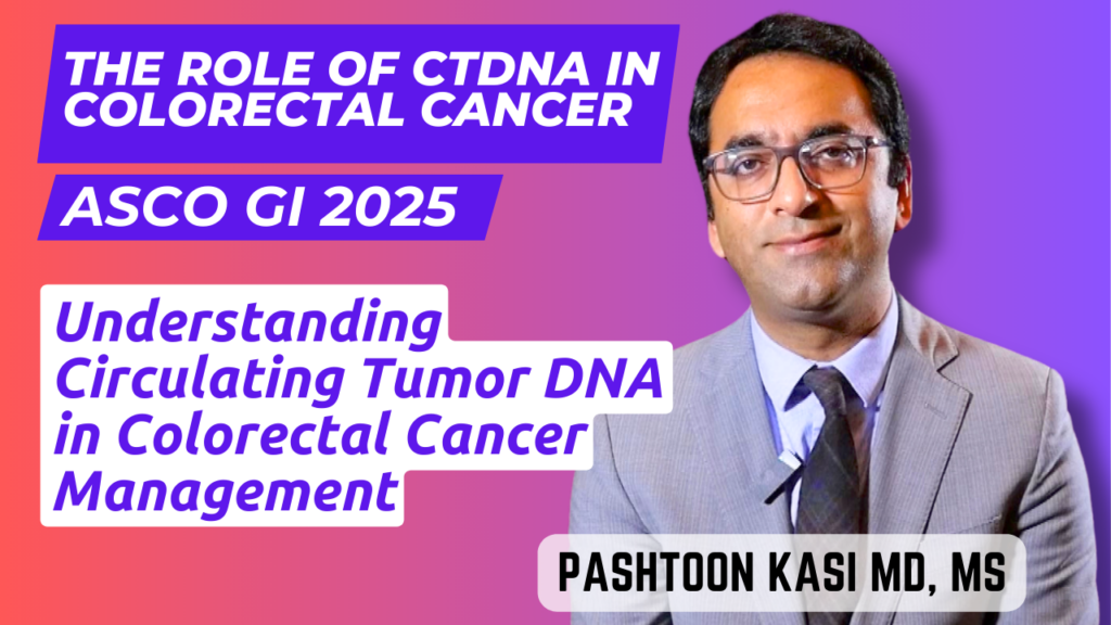 An image featuring a professional in a suit with a microphone, discussing the role of circulating tumor DNA (ctDNA) in colorectal cancer management. The background is a gradient of purple to pink, with text highlighting the topic from ASCO GI 2025.