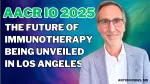 A vibrant YouTube thumbnail featuring Antonio Ribas, MD, in a blue suit against a futuristic blue, green, and purple gradient background. The text reads 'AACRIO 2025: The Future of Immunotherapy Being Unveiled in Los Angeles' in bold white and green letters, with 'Antoni Ribas, MD' in white at the bottom right, and white arrow icons for emphasis.