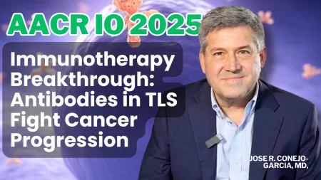 Portrait of Dr. Jose R. Conejo-Garcia, MD, wearing a suit and microphone, with a purple background featuring abstract cancer cell illustrations. Text overlay reads "AACR IO 2025" in green and "Immunotherapy Breakthrough: Antibodies in TLS Fight Cancer Progression" in white, with his name at the bottom.
