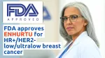 Close-up of a serious female doctor resembling, over 60 with gray hair and glasses, wearing a white lab coat, looking directly at the camera. A large FDA 'Approved' logo is visible on the wall behind her, with text overlay: 'FDA approves ENHERTU for HR+/HER2-low/ultralow breast cancer,' symbolizing medical innovation and authority in breast cancer treatment.