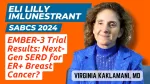 Image showing Dr. Virginia Kaklamani discussing the EMBER-3 trial results on imlunestrant at SABCS, with graphs illustrating PFS comparison and ORR percentages.