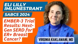 Image showing Dr. Virginia Kaklamani discussing the EMBER-3 trial results on imlunestrant at SABCS, with graphs illustrating PFS comparison and ORR percentages.