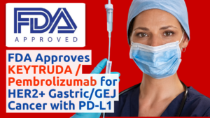 A healthcare professional in blue scrubs holds an IV drip against a red background. Text on the image reads: "FDA APPROVED" with the FDA logo, and "FDA Approves KEYTRUDA/Pembrolizumab for HER2+ Gastric/GEJ Cancer with PD-L1" in blue, white, and red font.
