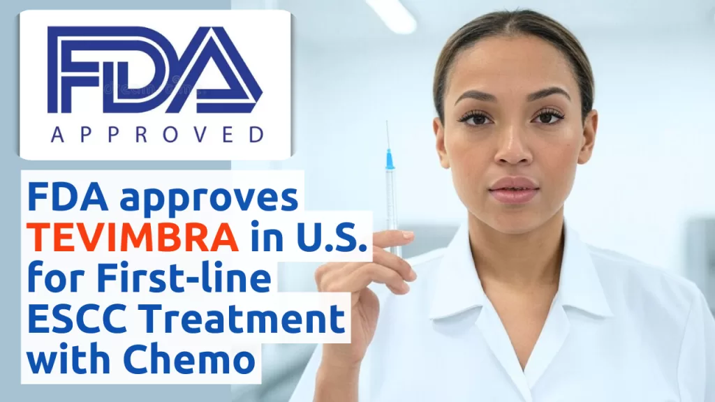 Doctor in a white lab coat holding a syringe with text overlay stating "FDA approves TEVIMBRA in U.S. for First-line ESCC Treatment with Chemo" and an FDA Approved logo.