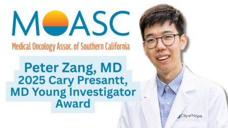 A graphic featuring the MOASC logo (Medical Oncology Association of Southern California) at the top, with text below reading "Peter Zang, MD" and "2025 Cary Presant, MD Young Investigator Award" in bold blue letters on a light blue background. To the right, Dr. Peter Zang stands in a white lab coat with the City of Hope logo on it, smiling at the camera.