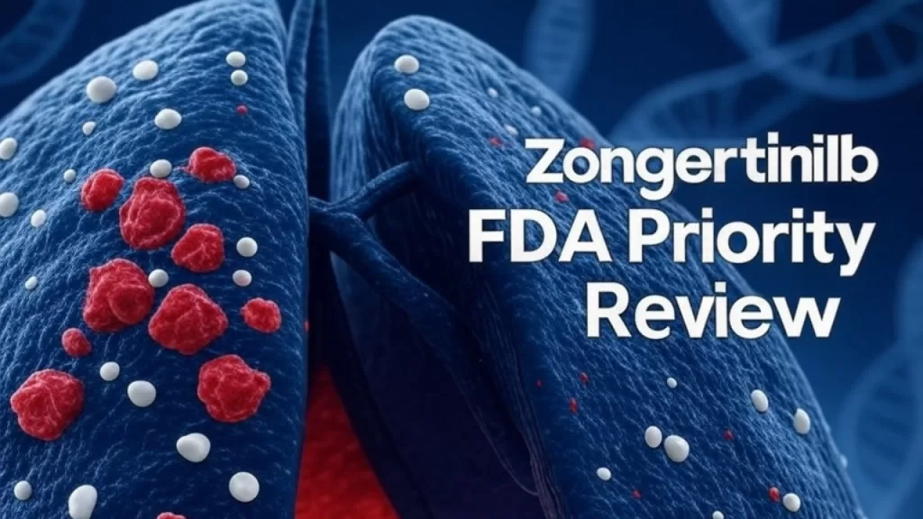 A microscopic view of lung tissue with red cancerous cells and white dots, featuring a DNA strand background. The text "FDA Zongertinib Receives Priority Review" is prominently displayed, highlighting the FDA's priority review status for the Zongertinib treatment of HER2-mutant advanced non-small cell lung cancer.
