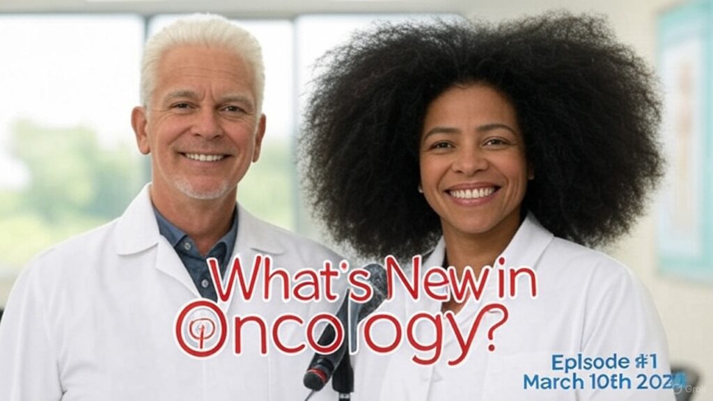 Logo for the podcast "What's New in Oncology?" featuring the text "What's New in Oncology?" in blue and green, with a small caduceus symbol inside a circle within the "O" of "Oncology." Below the title, it reads "Episode #1" and "March 19th 2025" in blue, set against a light gradient background.