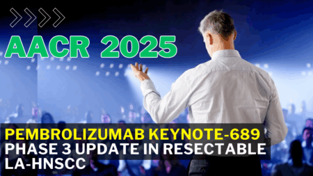 Flowchart of KEYNOTE-689 pembrolizumab trial design for LA-HNSCC, showing neoadjuvant and adjuvant phases, patient numbers (N=383 vs. N=351), eligibility criteria, and stratification factors, presented at AACR 2025.