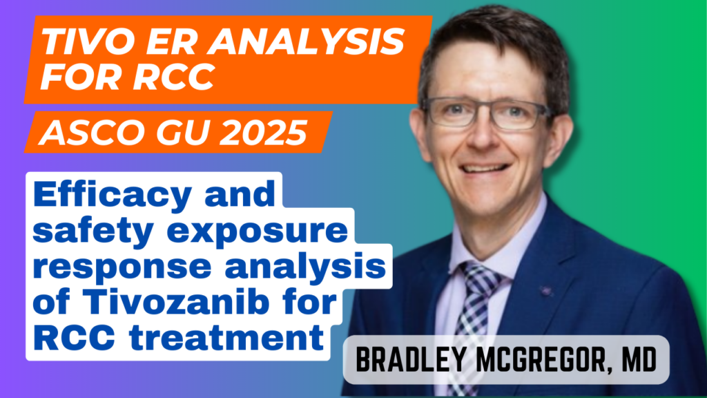 "Dr. Bradley McGregor presenting Tivozanib RCC treatment optimization data on a screen with a chart comparing 1.34 mg and 0.89 mg doses in a clinical setting.