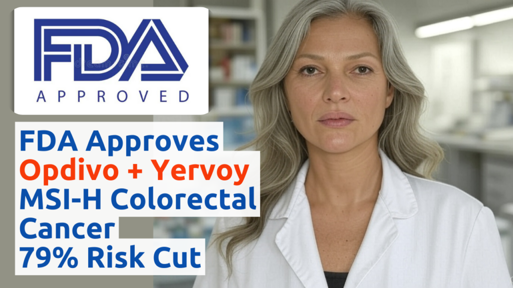 A graphic featuring the FDA logo with text that reads "FDA APPROVES Opdivo + Yervoy MSI-H Colorectal Cancer 79% RISK REDUCTION." The background shows a person in a white lab coat in a laboratory setting.