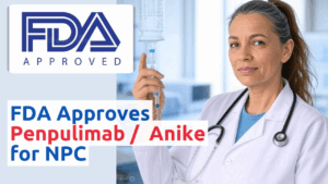 A clinician in a white coat with a stethoscope holds an IV bag in a clinical setting, with text overlay reading "FDA APPROVES PENPULIMAB / ANIKE FOR NPC" and an FDA Approved logo in the top left corner.
