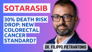 Thumbnail image for CodeBreaK 300 trial video featuring text overlay Sotorasib 30% Death Risk Drop: New Colorectal Cancer Standard? with Dr. Filippo Pietrantonio's name against a purple gradient background.