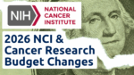Graph comparing NCI budget 2025 $7.22 billion versus 2026 $4.10 billion for cancer research funding video on OncologyTube.com.