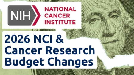 Graph comparing NCI budget 2025 $7.22 billion versus 2026 $4.10 billion for cancer research funding video on OncologyTube.com.