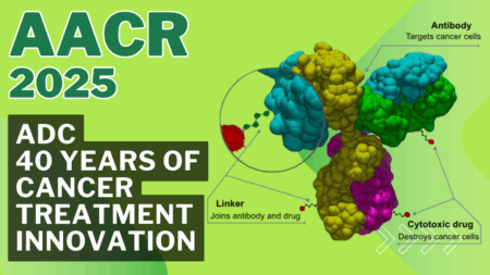 A colorful illustration of an antibody-drug conjugate (ADC) structure with labeled components, including an antibody, linker, and cytotoxic drug, targeting cancer cells. The background is light green with text overlays: "AACR 2025" in the top left and "ADC 40 YEARS OF CANCER TREATMENT INNOVATION" on the left side.