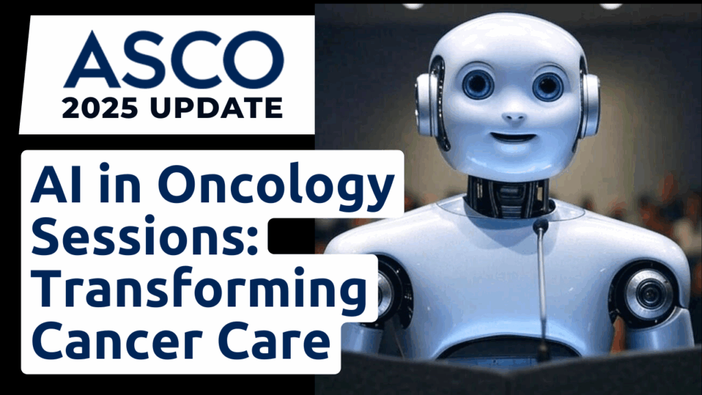 Cute AI robot speaking at ASCO 2025 session on AI in oncology
