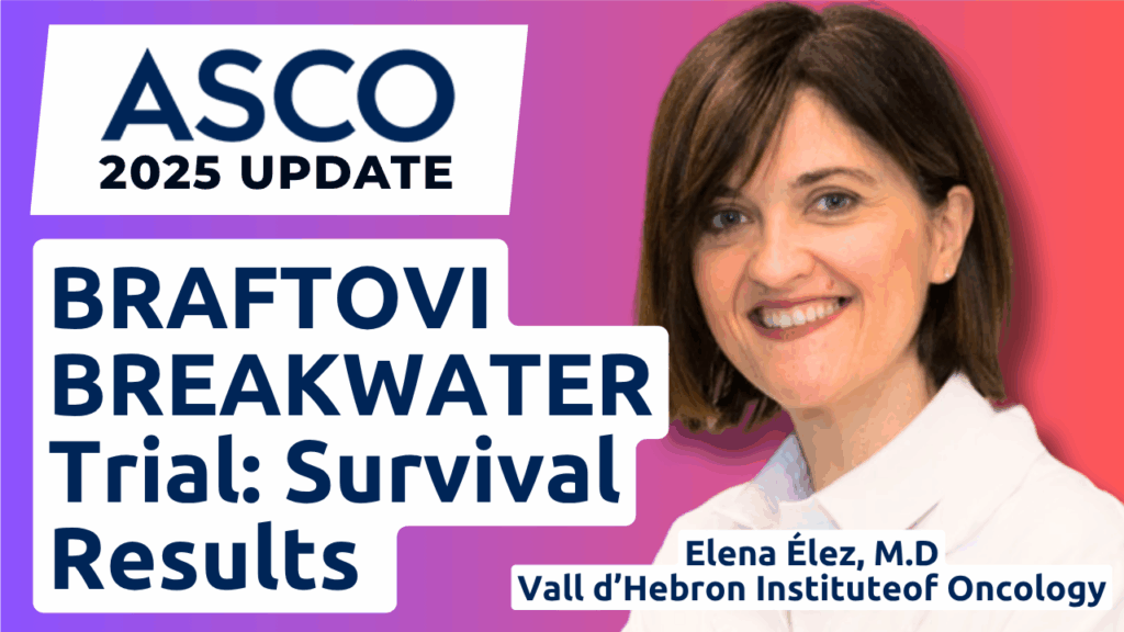 Doctor in white coat with Pfizer and ASCO 2025 logos, highlighting BRAFTOVI BREAKWATER trial results: 51% reduced death risk and 30.3 vs. 15.1 months survival for colorectal cancer research.