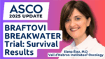 Doctor in white coat with Pfizer and ASCO 2025 logos, highlighting BRAFTOVI BREAKWATER trial results: 51% reduced death risk and 30.3 vs. 15.1 months survival for colorectal cancer research.