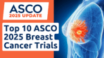 Orange thumbnail with white text for OncologyTube’s Top 10 ASCO 2025 breast cancer trials video, displaying "ASCO 2025 UPDATE" and "TOP 10 ASCO 2025 BREAST CANCER TRIALS"