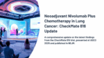 Attendees at ASCO 2025 conference with a stage presentation on neoadjuvant nivolumab plus chemotherapy in lung cancer, featuring the CheckMate 816 trial update.