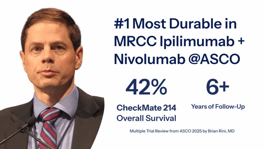 Dr. Brian Rini speaking at ASCO25 podium with text: "ASCO25: mRCC Updates" on immunotherapy combinations in kidney cancer.