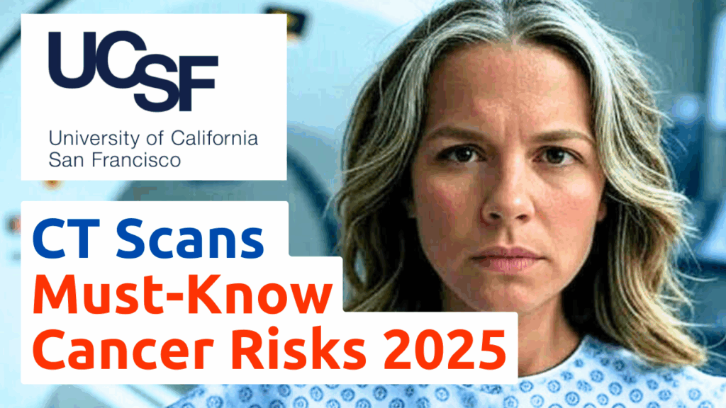 Close-up of a woman resembling a 50-year-old, staring at viewer, with a CT scan machine in the background, highlighting CT scans and cancer risks from a 2025 study.