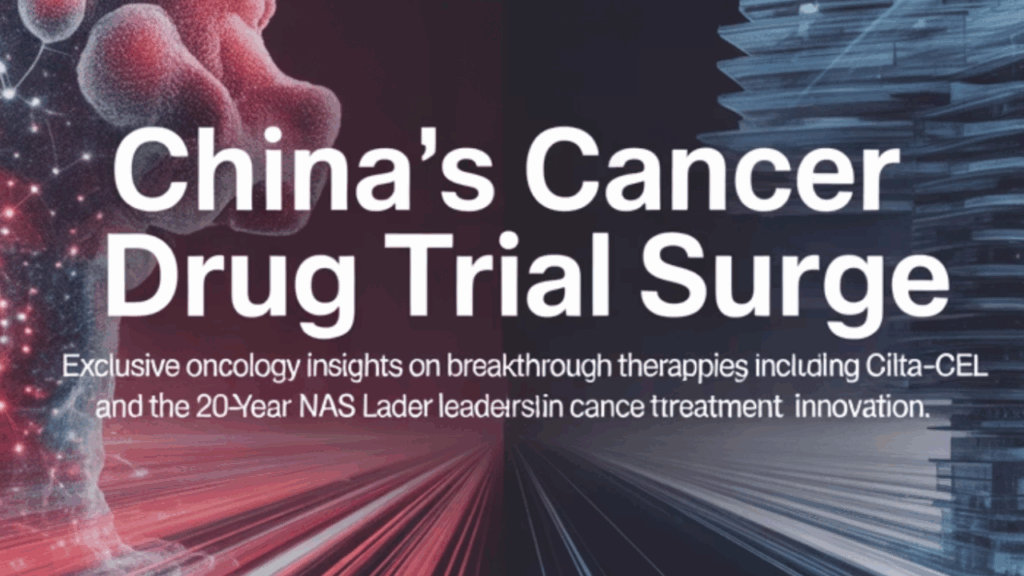 Graphic of China's cancer drug trial surge with 39% share, featuring cilta-cel therapy and 20-year NAS leadership data.
