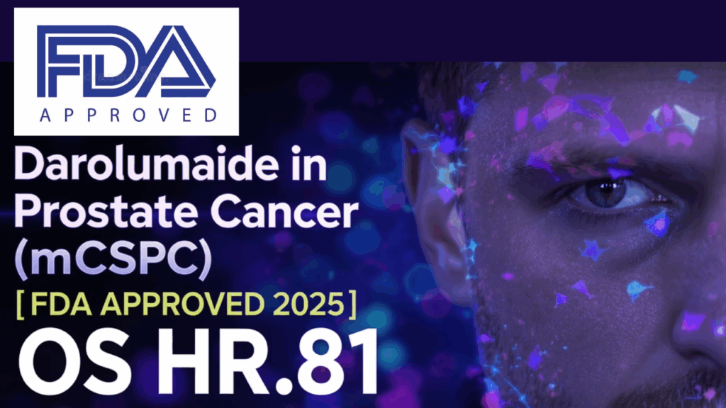 Thumbnail for Darolutamide FDA Approval 2025 featuring FDA logo, text 'Darolutamide in Prostate Cancer (mCSPC) [FDA APPROVED 2025]', and OS HR 0.81, with a glowing human face background.