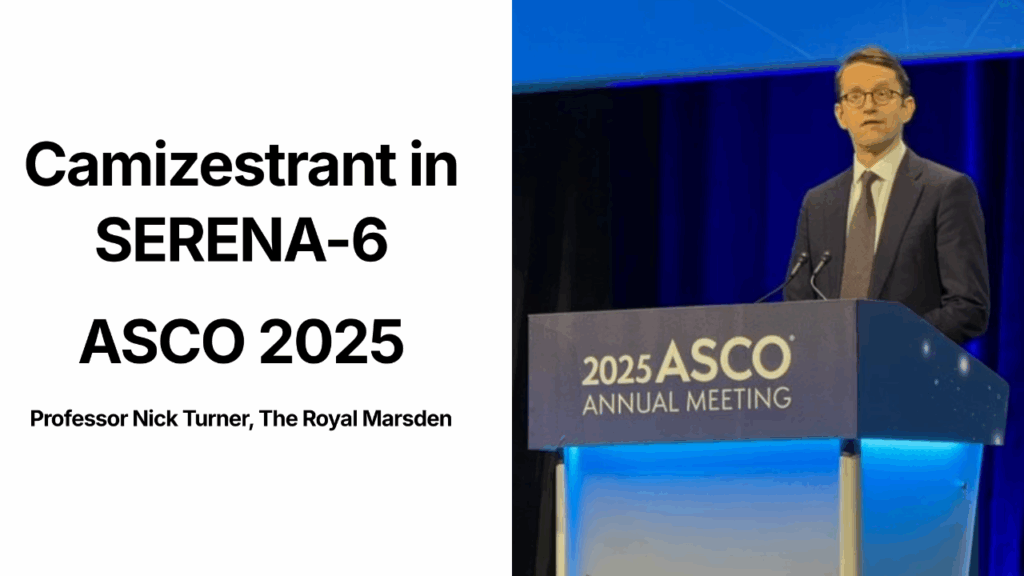 Presentation slide and photo of Professor Nick Turner at ASCO 2025 for the Camizestrant SERENA-6 trial, detailing Phase 3 results for ESR1-mutated breast cancer.