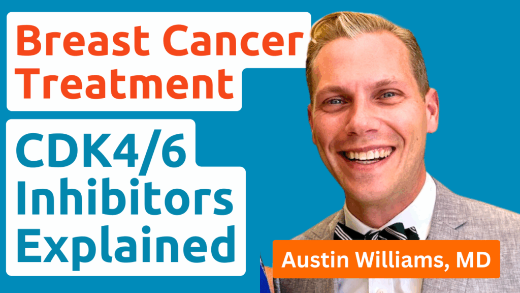 Dr. Austin Williams, MD, breast surgeon from Fox Chase Cancer Center, with text 'Breast Cancer Treatment' and 'CDK4/6 Inhibitors Explained' on a blue background, discussing new HR+/HER2- breast cancer treatments from monarchE and NATALEE trials.