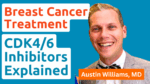 Dr. Austin Williams, MD, breast surgeon from Fox Chase Cancer Center, with text 'Breast Cancer Treatment' and 'CDK4/6 Inhibitors Explained' on a blue background, discussing new HR+/HER2- breast cancer treatments from monarchE and NATALEE trials.