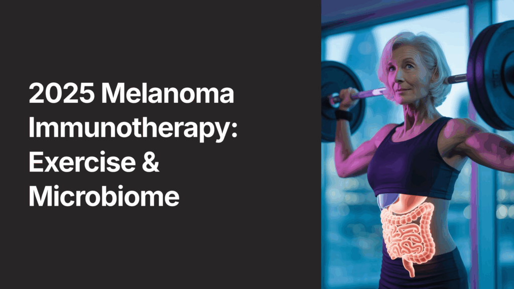 Fit woman exercising with gut microbiome X-ray overlay for 2025 melanoma immunotherapy and exercise benefits