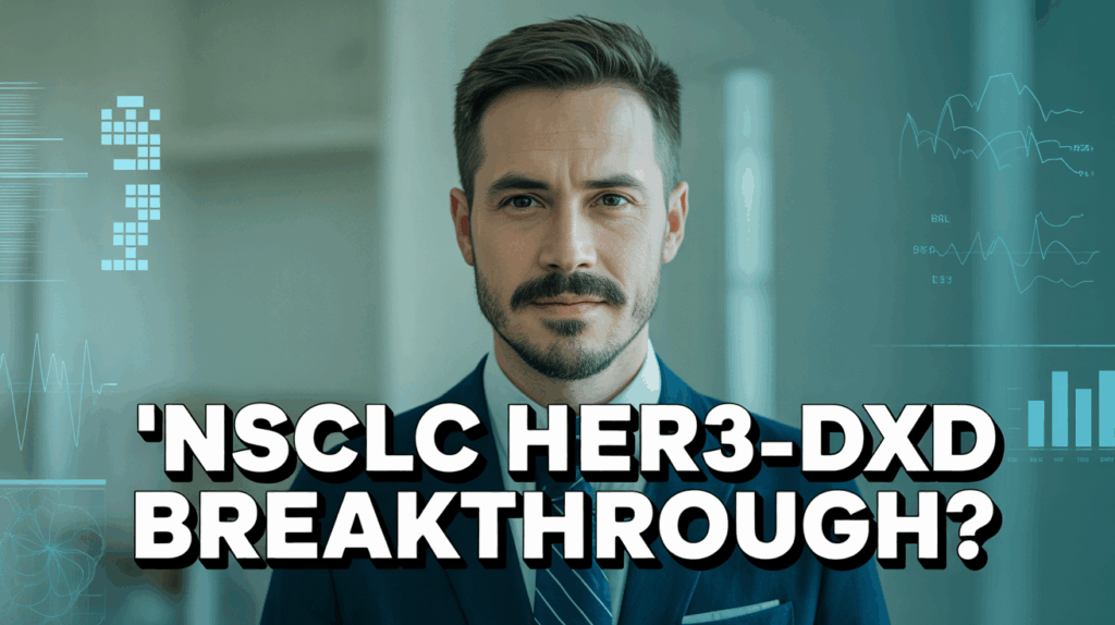NSCLC HER3-DXd breakthrough thumbnail featuring a well-dressed man in his early thirties with a mustache and beard, medical charts, and HERTHENA-Lung02 study data, August 2025