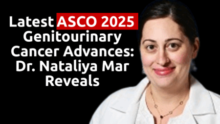 Dr. Nataliya Mar, MD, a leading genitourinary oncologist in a white coat, presenting ASCO 2025 genitourinary cancer updates at MOASC Spotlight. Text reads 'Latest ASCO 2025 Genitourinary Cancer Advances: Dr. Nataliya Mar Reveals' on a black background.