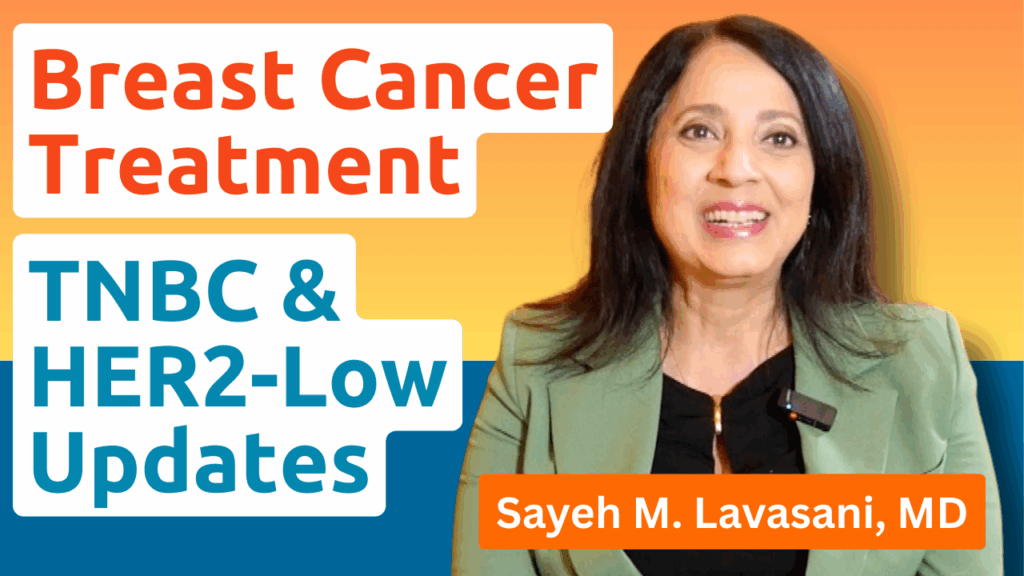Dr. Sayeh Lavasani presenting ASCO 2025 breast cancer updates on TNBC treatment with PFS curves from ASCENT-04 trial.
