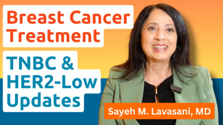 Dr. Sayeh Lavasani presenting ASCO 2025 breast cancer updates on TNBC treatment with PFS curves from ASCENT-04 trial.