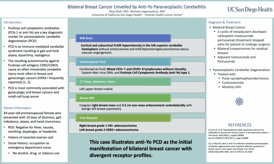 Bilateral Breast Cancer Unveiled by Anti-Yo Paraneoplastic Cerebellitis
Nirja Shah, MD1; Nicholas Avgeropolous, MD2
University of California San Diego Health1, Orlando Health Cancer Center2