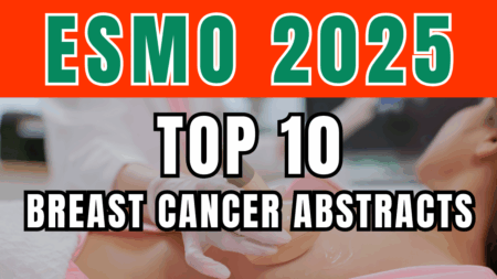 ESMO 2025 Top 10 Breast Cancer Abstracts with doctor examining patient, purple and green text on pink background