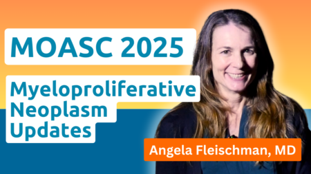 Dr. Angela Fleischman, MD, hematologist at UCI Health, discussing myelofibrosis and INCA033989 treatment updates at MOASC 2025