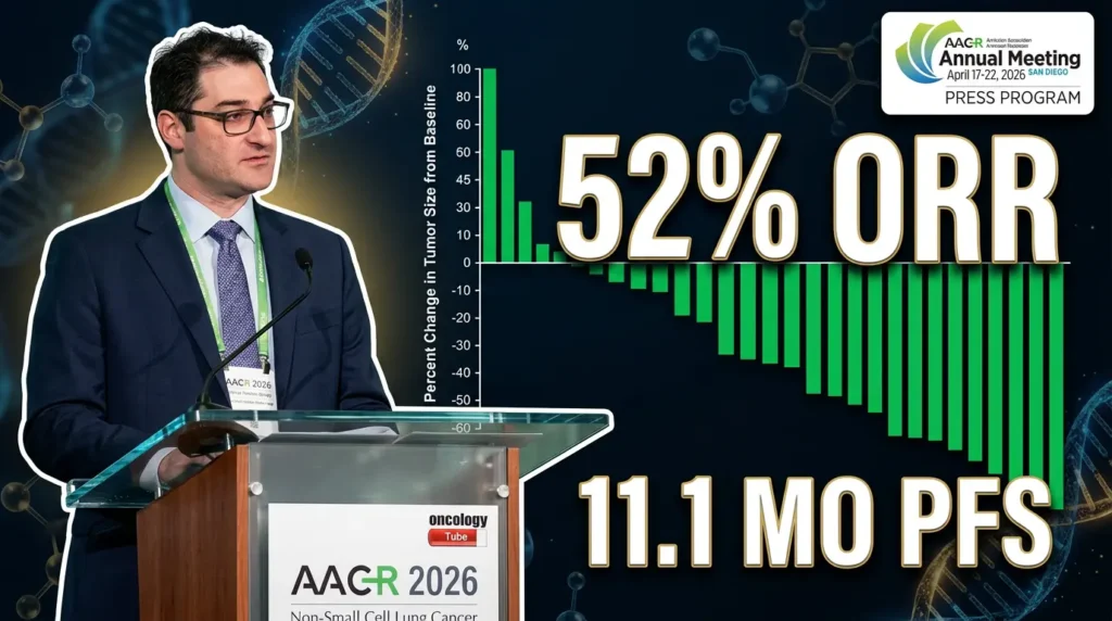 Dr. Jonathan W. Riess presenting zoldonrasib KRAS G12D NSCLC Phase 1 results at AACR 2026 showing 52 percent ORR and 11.1 months PFS