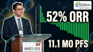 Dr. Jonathan W. Riess presenting zoldonrasib KRAS G12D NSCLC Phase 1 results at AACR 2026 showing 52 percent ORR and 11.1 months PFS