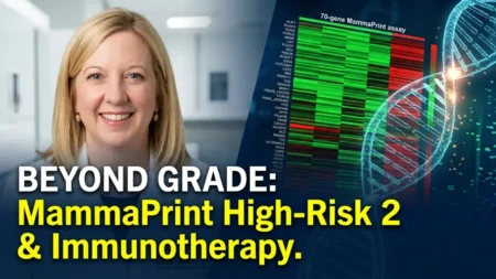 Dr. Erin Cobain discussing the MammaPrint High-Risk 2 assay and neoadjuvant immunotherapy in breast cancer.