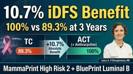 10.7% iDFS benefit with MammaPrint BluePrint anthracycline: FLEX trial shows 100% vs 89.3% 3-year survival in High Risk 2 Luminal B HR+ HER2- breast cancer with ACT versus TC. Featured Joyce A. O’Shaughnessy, MD and 2026 NCCN Guidelines.