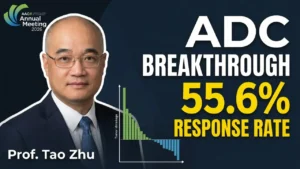 Prof. Tao Zhu presenting AACR 2026 data on QHS-5132, showing a 55.6% response rate and a waterfall plot of tumor shrinkage for platinum-resistant ovarian cancer.
