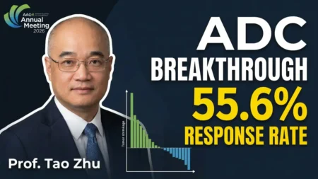 Prof. Tao Zhu presenting AACR 2026 data on QHS-5132, showing a 55.6% response rate and a waterfall plot of tumor shrinkage for platinum-resistant ovarian cancer.